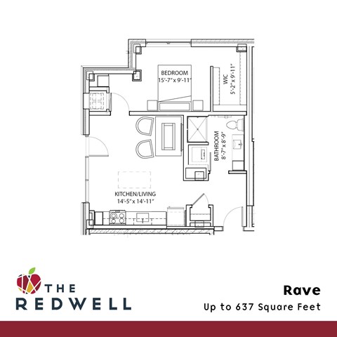 Floor plan for 1 bed, 1 bath, 618 sqft
